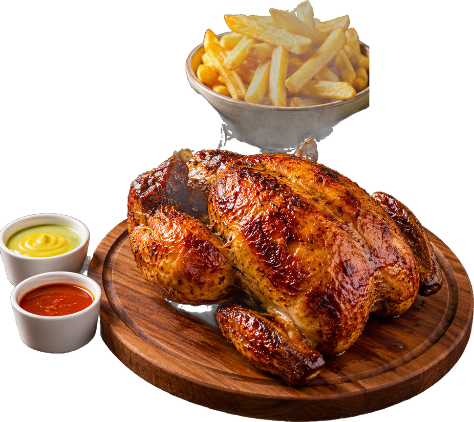 El Bravazo: pollo a la brasa con patatas y salsas